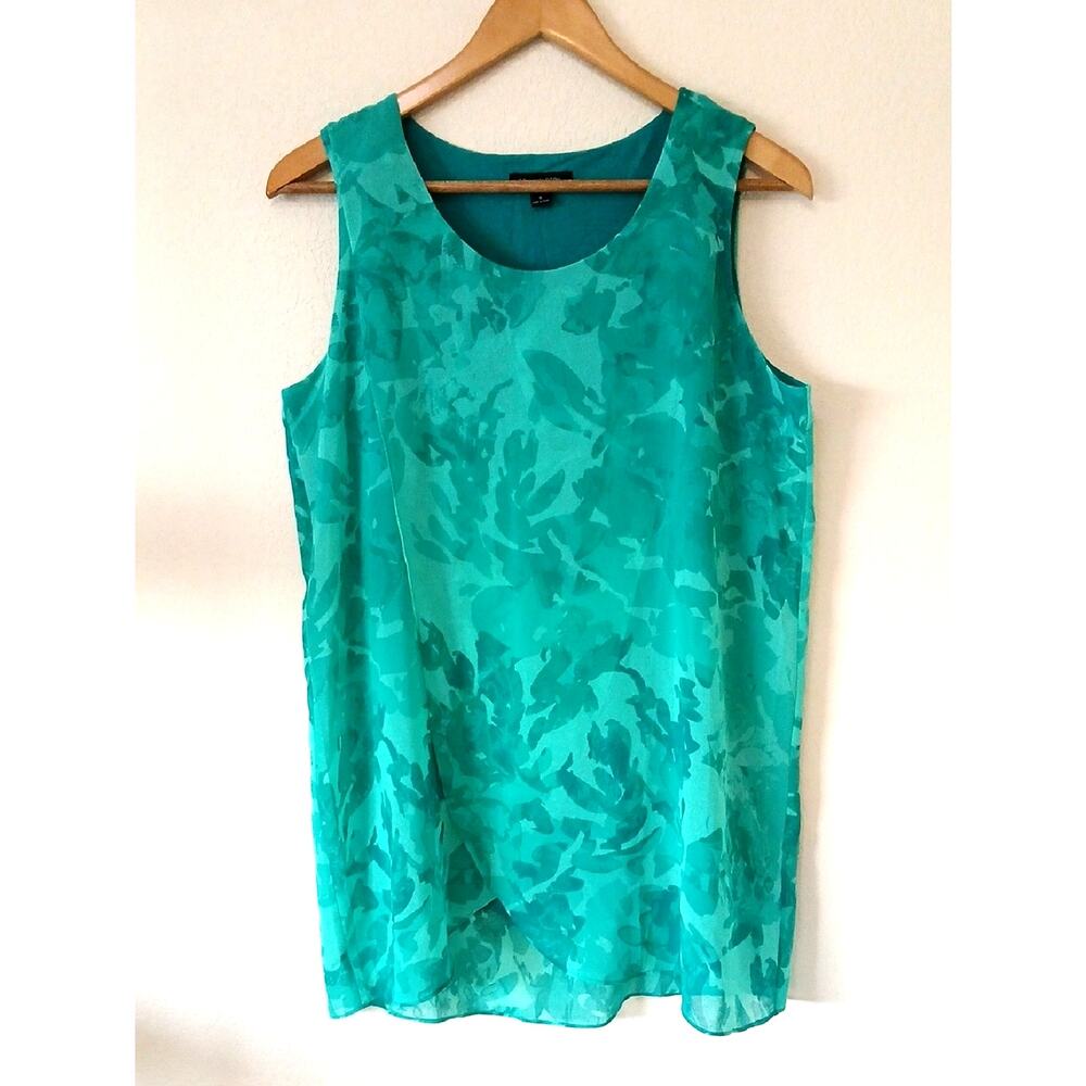 H By Halston Green Floral Chiffon Overlay Sleeveless Blouse Lined Oversized